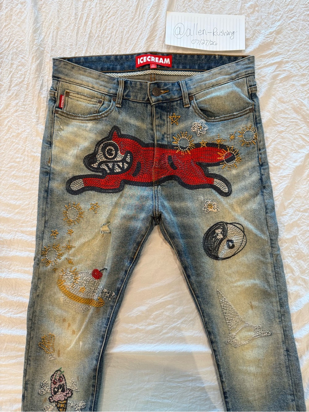 Icecream Men's Light Blue Denim Jeans with Red Leaping Cat Patch